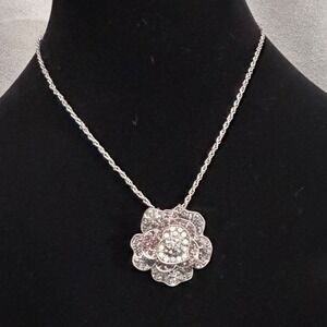 Rose Pendant Necklace Womens OS Silver Pink Rhinestone Floral Statement